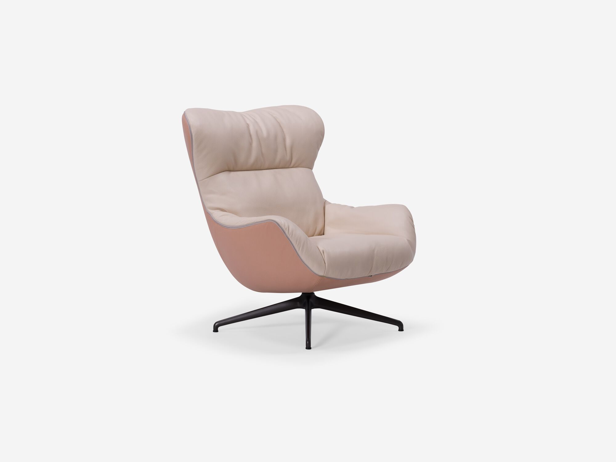 Front angle view of pink custom upholstered swivel chair